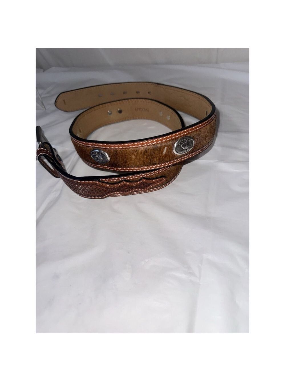 Badger Mens Belt Sz 42 Hand Tooled Moose Medallions Silver Hardware 1.5" Wide